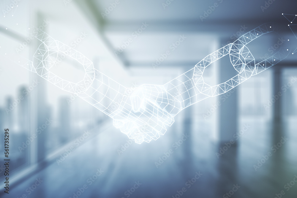 Poster abstract virtual block chain technology hologram with handshake on modern interior background, crypt