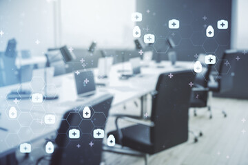 Abstract virtual medical sketch on a modern furnished office interior background. Medicine and healthcare concept. Multiexposure