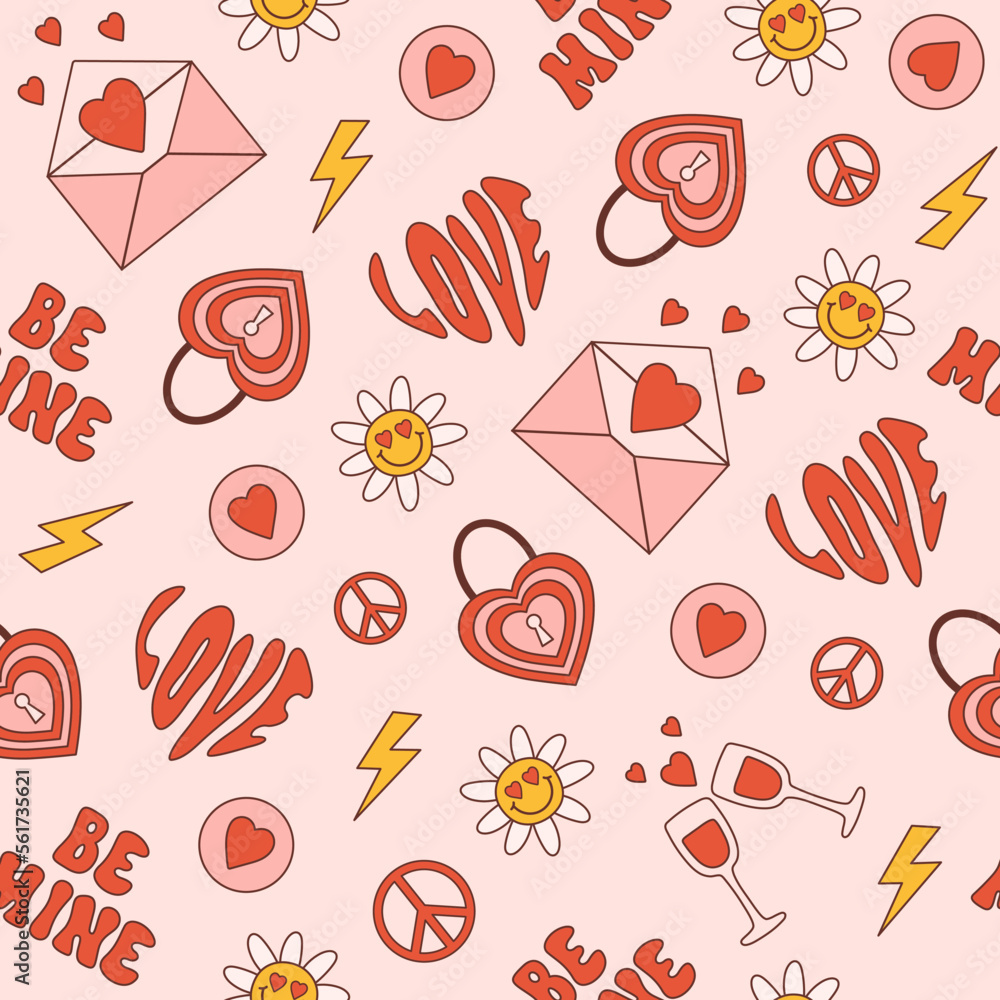 Poster groovy romantic seamless pattern in trendy retro 60s 70s cartoon style. vector background in pastel 