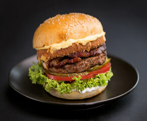 Close-up of a delicious fresh homemade burger with lettuce, cheese, onion and tomato on a rustic wooden board on a dark background