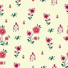 Fototapeta na wymiar Cute pink floral pattern in the small flower. Motifs scattered random. Seamless vector texture. Elegant for fashion prints. Light yellow background