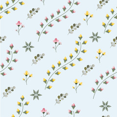 Floral vector pattern with small colorful flowers and leaves. Seamless background for fashion prints. Ditsy print
