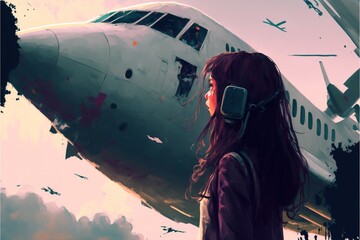 travel girl looking at a surreal broken plane in the sky, digital art style, illustration painting, fantasy concept of a traveler girl