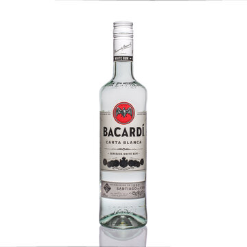 Bottle of Bacardi Carta Blanca superior white rum, isolated on white background. Bacardi Limited is the largest American, family-owned spirits company in the world.