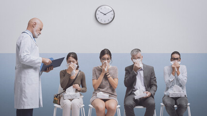 People with cold and flu at the hospital - obrazy, fototapety, plakaty