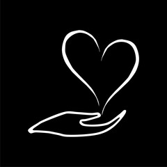  Heart in hand hand drawn illustration isolated on black background.