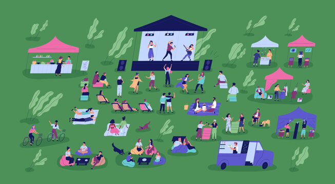 Outdoor music festival, open-air concert. Musicians, singers band on stage, people crowd relaxing at food courts, tents, trucks, grass in nature, park on summer holiday. Flat vector illustration