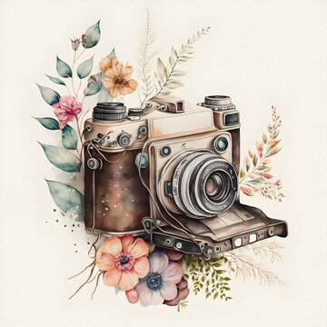 Retro camera in flowers and plants. Hand drawn photo camera. Can be used as print, logo, for cards, wedding invitation. Watercolor illustration