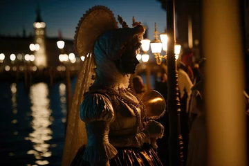 Poster people wearing masks at the Venice Carnival. venetian carnival mask. Generative Ai © Gasi