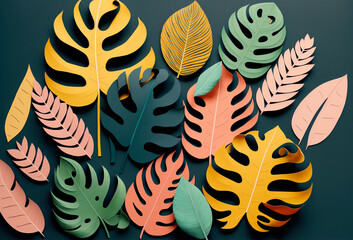 Tropical leaf colourful paper collage background. Generative ai