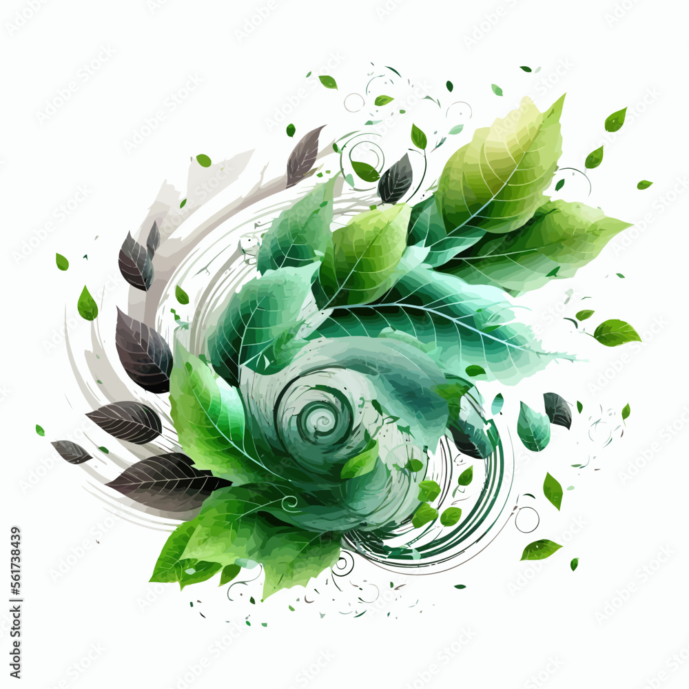 Poster abstract wind swirls with green leaves and sparkles isolated on transparent background. isolated on 