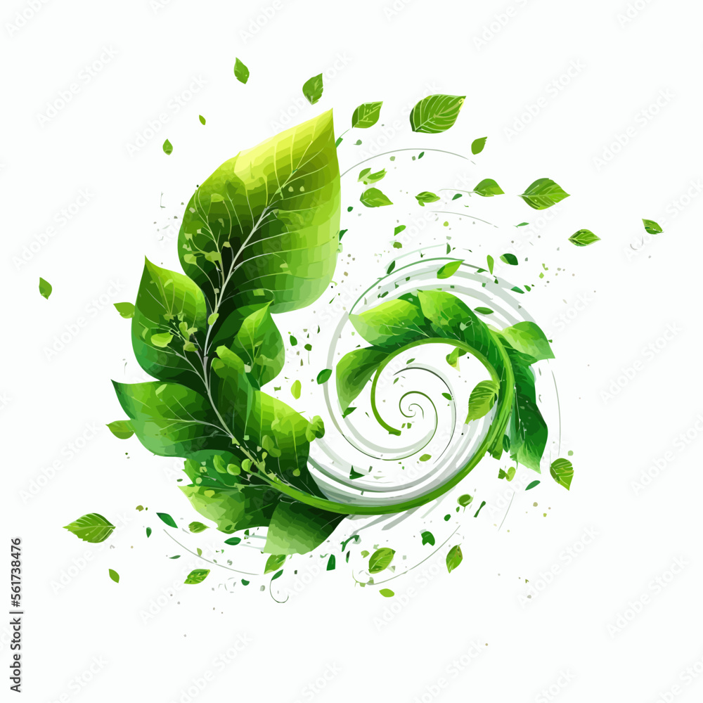 Poster Abstract wind swirls with green leaves and sparkles isolated on transparent background. Isolated on background. Cartoon vector illustration