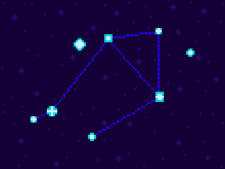 Obraz na płótnie Canvas Libra constellation in pixel art style. 8-bit stars in the night sky in retro video game style. Cluster of stars and galaxies. Design for applications, banners and posters. Vector illustration