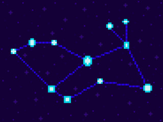 Obraz na płótnie Canvas Lepus constellation in pixel art style. 8-bit stars in the night sky in retro video game style. Cluster of stars and galaxies. Design for applications, banners and posters. Vector illustration