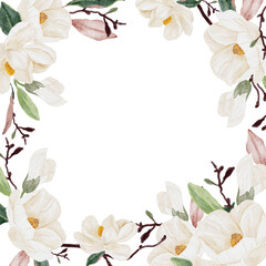 watercolor white magnolia flower and leaf bouquet clipart square wreath frame