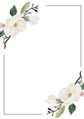watercolor hand drawn white magnolia flower and green leaf branch bouquet wedding invitation card © Unchalee