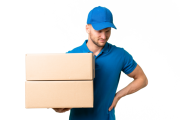 Delivery caucasian man over isolated background suffering from backache for having made an effort