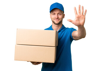 Delivery caucasian man over isolated background counting five with fingers