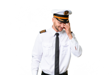 Airplane pilot man over isolated background laughing