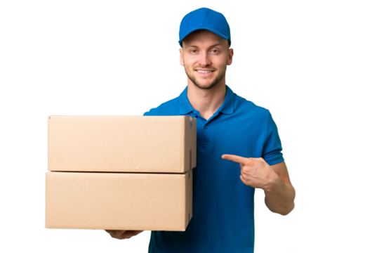 Delivery caucasian man over isolated background pointing to the side to present a product