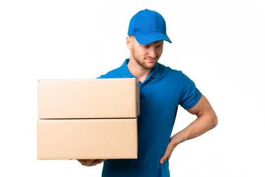 Delivery caucasian man over isolated background suffering from backache for having made an effort