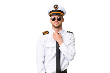 Airplane pilot man over isolated background with glasses and smiling
