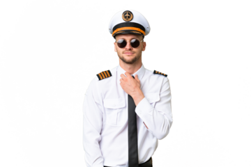 Airplane pilot man over isolated background with glasses and smiling