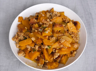 Delicious home cooked dishes. Stir Fry Lotus Root with Sweet Peas, Bunashimeji Mushrooms, Carrots with Chicken Cubes and Golden Pumpkin with Minced Pork. Tasty and healthy meal