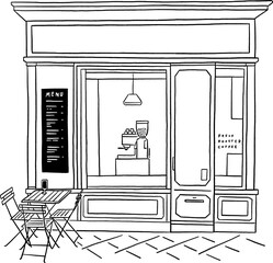 Cafe Front shop with table and seat Restaurant Business in city Hand drawn line art illustration