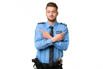Young police man over isolated background pointing to the laterals having doubts