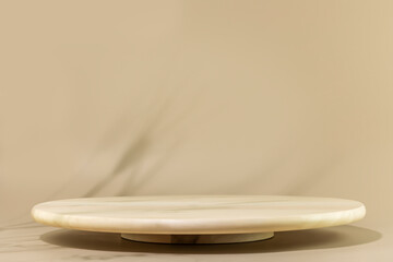 Wooden podium with shadows of rye and wheat. Empty product display on natural beige background for...