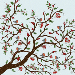Greeting card with tree and birds and red berries in winter - 561739605