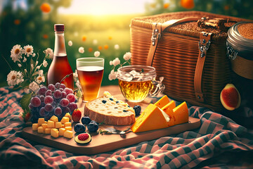 Fototapeta premium Summer picnic basket on plaid blanket on grass with cheese, grapes and wine