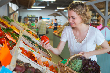 woman buying tomatoes at grocery store
