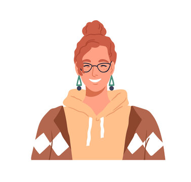 Young happy woman, face portrait. Laughing girl in glasses. Pretty funny redhead character with freckles. Joyful female in eyeglasses, hoodie. Flat vector illustration isolated on white background