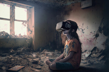 Young girl escapes poverty or misery into the virtual world - Generative AI - obrazy, fototapety, plakaty