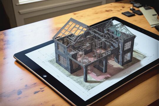 Future Design. The Drawings Of The House Turn Into A 3D Model With The Help Of Augmented Reality - Generative AI