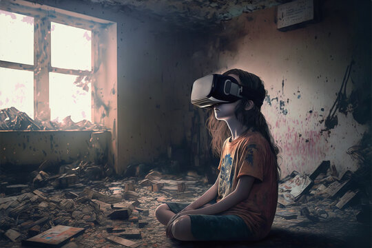 Fototapeta Young girl escapes poverty or misery into the virtual world - Generative AI
