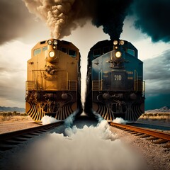 Fototapeta na wymiar moment before two locomotives collide,face to face