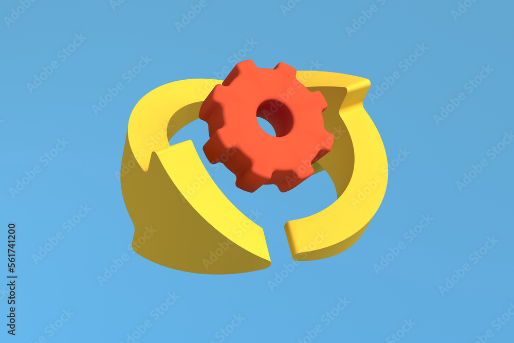 Fototapete cogwheel icon with yellow arrows rotating around in cartoon style for web design. customization func