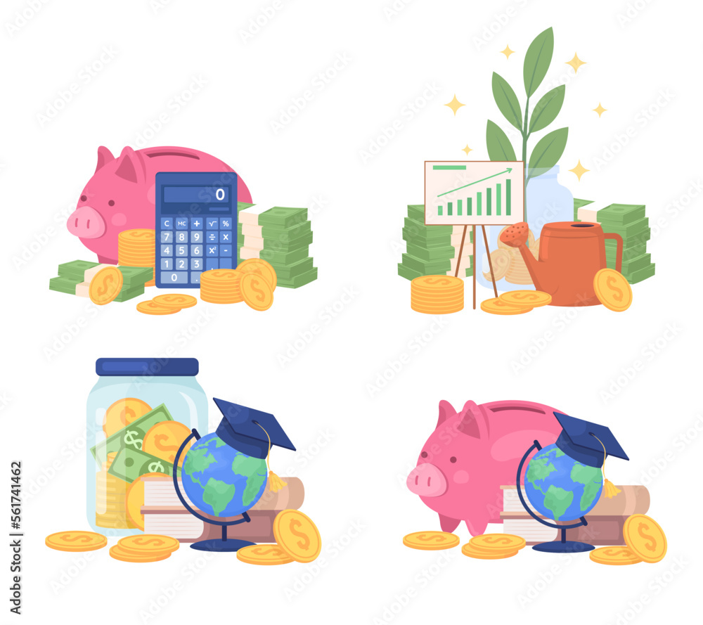 Poster financial savings semi flat color vector objects set. editable elements. full sized items on white. 