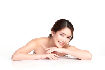 Beautiful young asian woman with clean fresh skin on white background, Face care, Facial treatment, Cosmetology, beauty and spa, Asian women portrait.