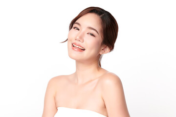 Beautiful young asian woman with clean fresh skin on white background, Face care, Facial treatment, Cosmetology, beauty and spa, Asian women portrait.