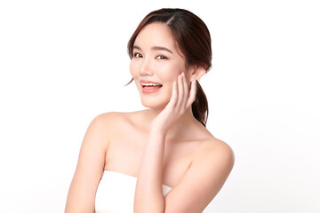 Beautiful young asian woman with clean fresh skin on white background, Face care, Facial treatment, Cosmetology, beauty and spa, Asian women portrait.