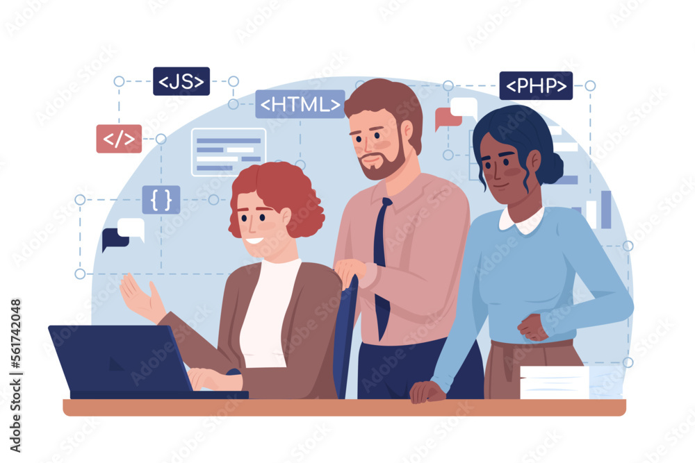 Aufkleber successful developers teamwork 2d vector isolated illustration. team collaboration flat characters o