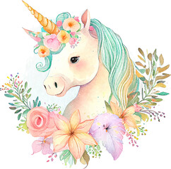 Cute Watercolor Magic Unicorn with Flowers © olegganko