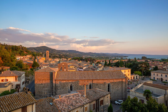 Italy, Lazio, Bolsena, View of town at dusk