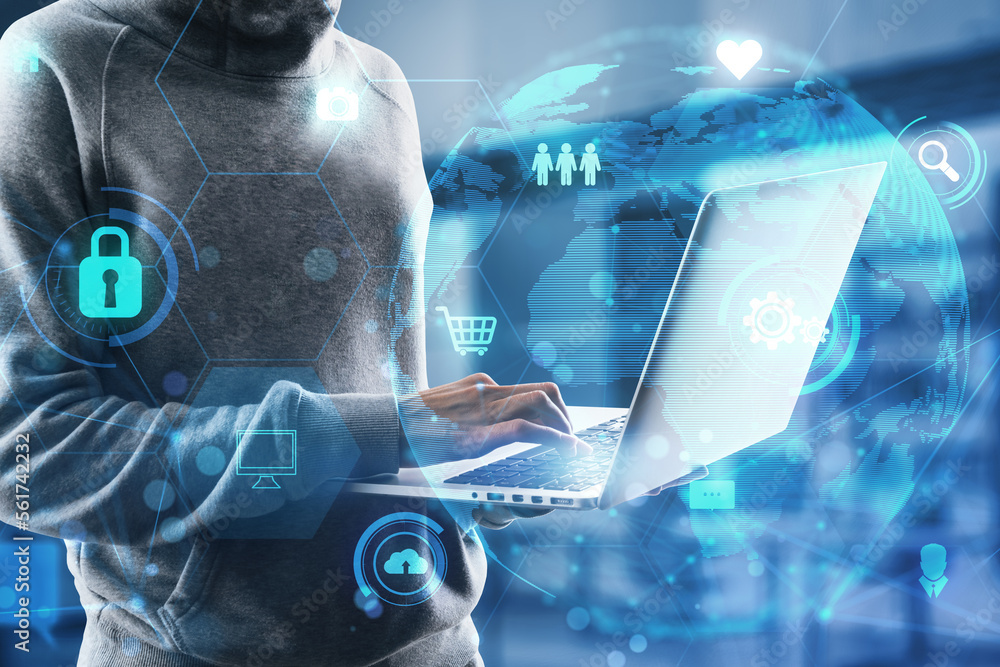 Poster Hacker using laptop keyboard with glowing globe and business icons hologram on blurry office interior background. Global network, data theft, fishing and data exchange concept. Double exposure.