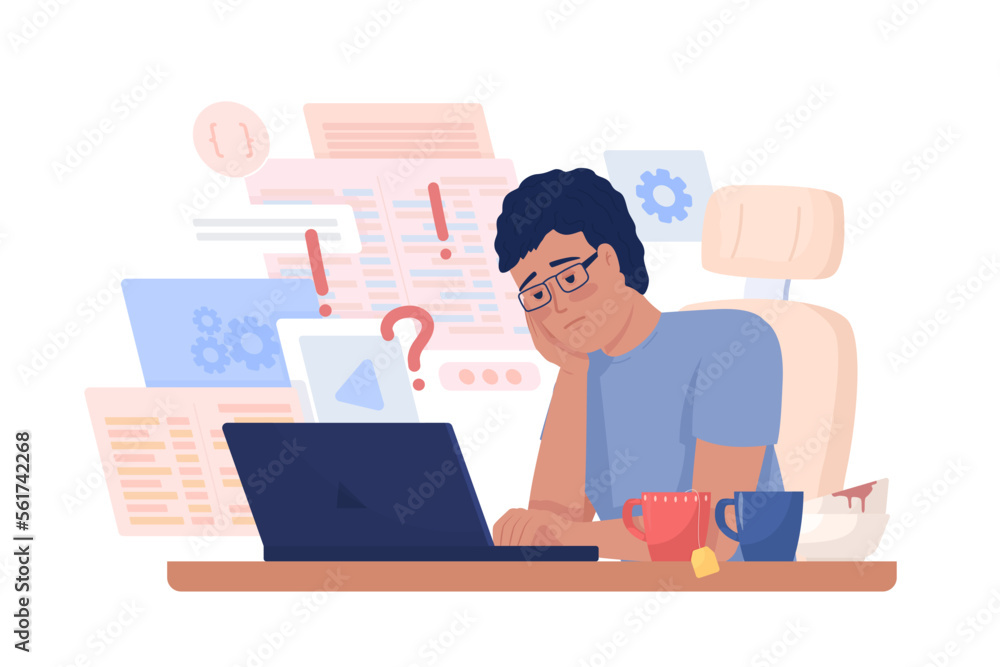 Poster overloaded with work software developer semi flat color vector character. editable figure. full body