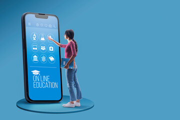 Online education app on smartphone and student